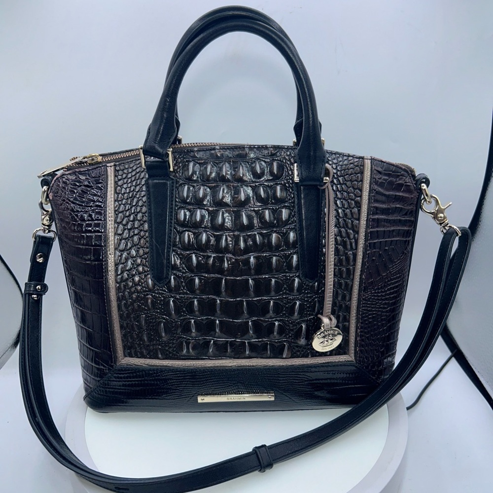 Brahmin Black and Brown Croc-Embossed Satchel
